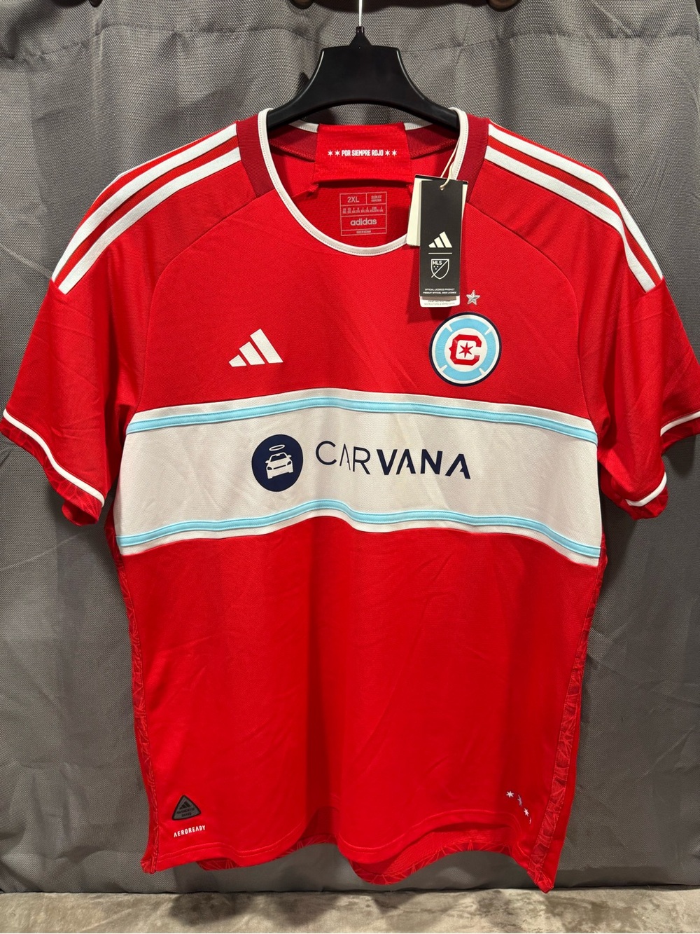 adidas Red Chicago Fire MLS Jersey with White & Light Blue Accents